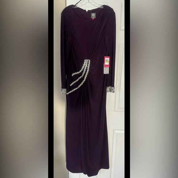 NWT Vince Camuto Cuff Ruched Jersey long Gown in Plum Purple Size 14 NEW - Picture 1 of 9
